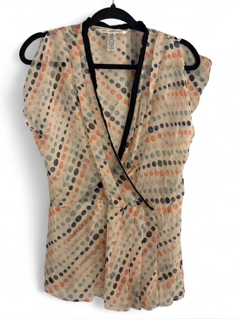 Diane Von Furstenberg Cream Polka Dot Wrap Blouse with Black Trim